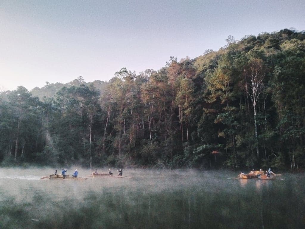 Morning view of mist over Pang Ung Lake in Mae Hong Son, where the temperature dropped to 8 degrees Celsius.